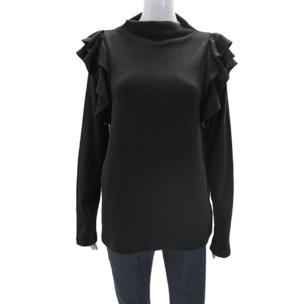 Luxe Always High Neck Ruffle Long Sleeves Pullover Sweater Black Size L